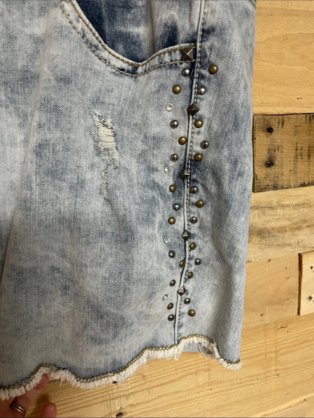Maurices size 24 Light Blue Distressed Jean Short with Stud and Gem Detail Sides